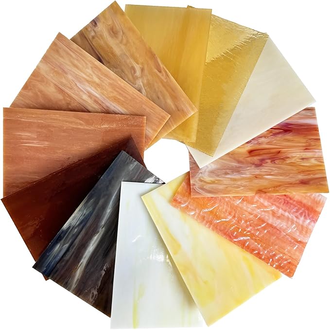 ILLUCKAI 12 Sheets Mixed Amber Stained Glass Sheets, 4 x 6 inch Stained Glass Supplies Mosaic Glass Tiles for Crafts, Cathedral Glass Art Glass for Stained Glass Beginners and Hobbyists