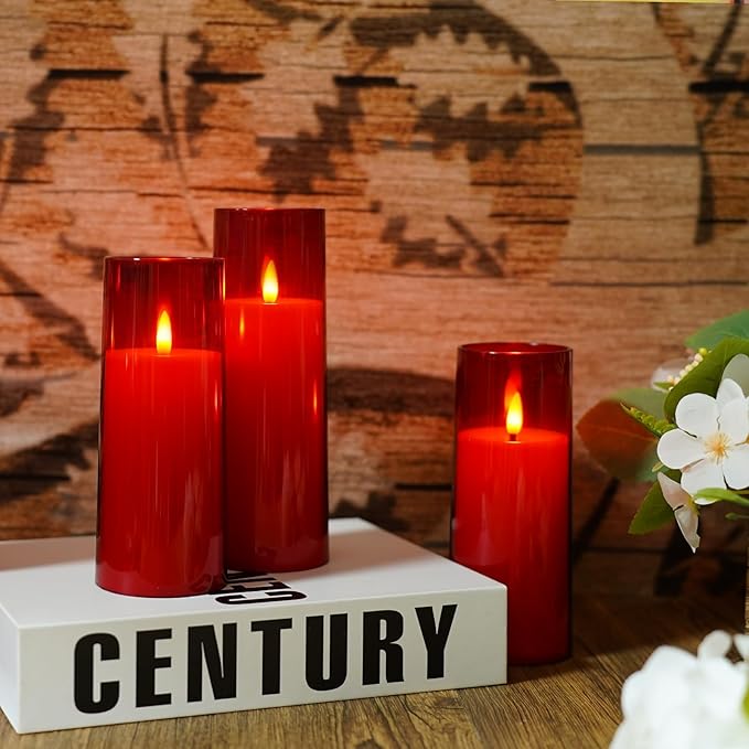 Flickering Flameless Candles Battery Operated with Remote and 2/4/6/8 H Timer Plexiglass Led Pillar Candles Pack of 9 (D2.3 xH 6" 7" 8") with Realistic Moving Wick Candles for Home Decor(Red)