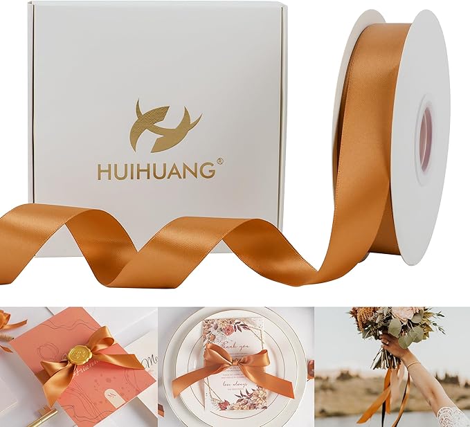 HUIHUANG Burnt Orange Ribbon 1 inch Double-Faced Satin Ribbon 50 Yards Orange Silk Satin Ribbon for Fall Wedding, Gift Wrapping, Flower Bouquet, Invitations, Holiday Decor, Hairs, Bows Making