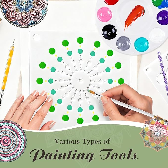 Mandala Rock Painting Kit - Mandala Dotting Tools Kit - 5 Large Wooden Rocks for Painting with Stencil Supplies, Dotting Tools for Paint Rocks - Dot Art and Crafts for Adults