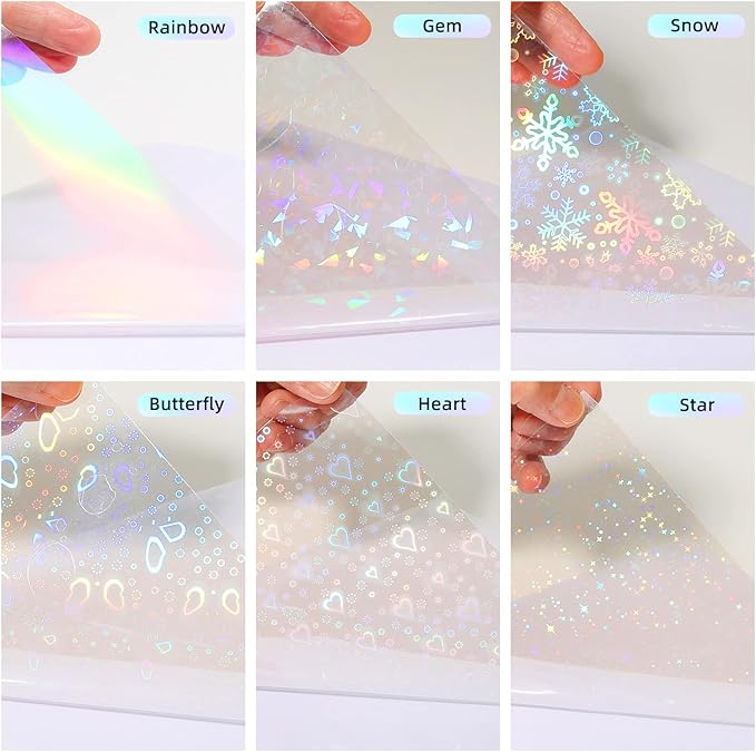 36 Sheets Holographic Sticker Paper, Clear Vinyl Sticker Laminate Film Self-Adhesive, Transparent Overlay Lamination Sticker Paper Waterproof, 6 Patterns-8.5x11 Inch