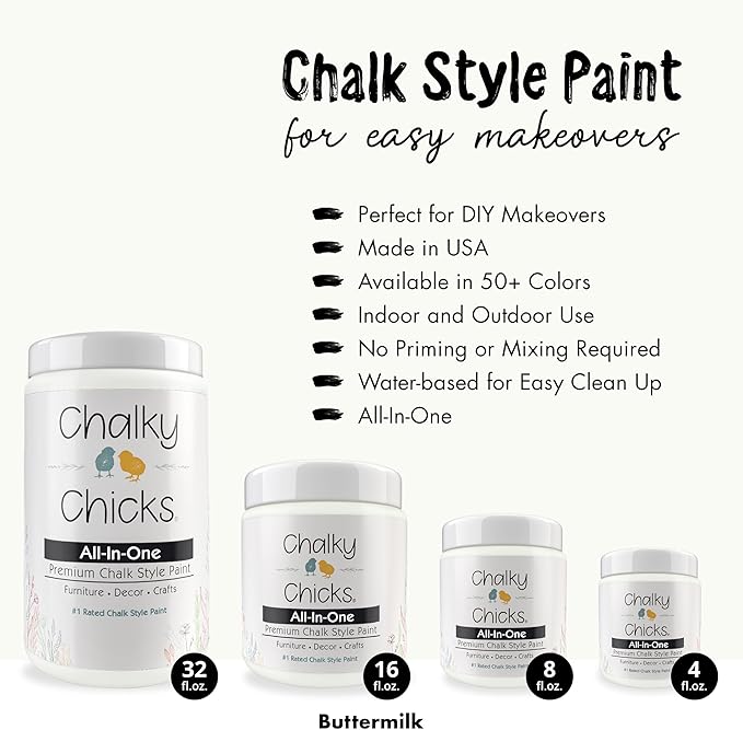 Chalky Chicks All-in-One Chalk Paint for Furniture or Cabinet - 4 Fl Oz - Matte Finish Buttermilk (White) for Metal, Wood Furniture Paint - No Sanding All-in-One for Home Decor & Crafts, USA Made