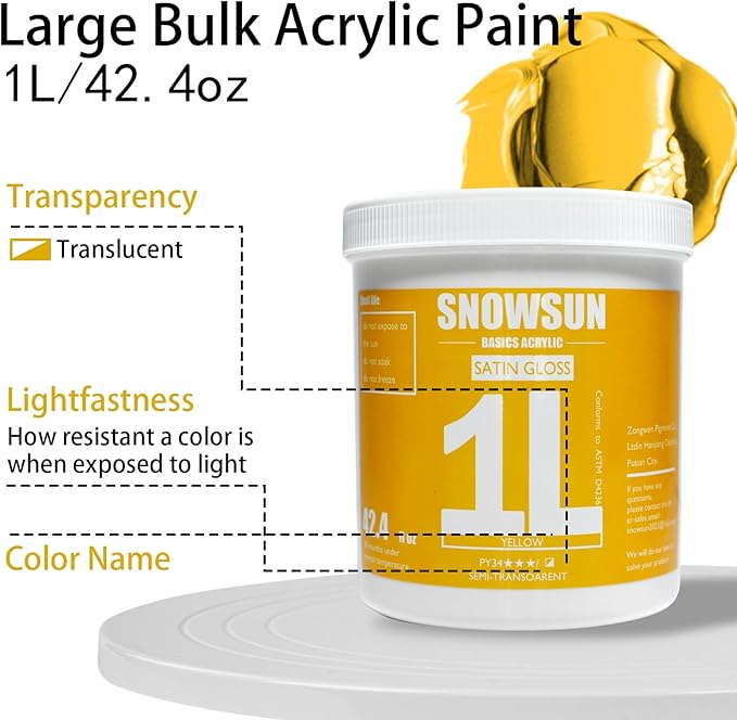 SNOWSUN Yellow Acrylic Paints, Large Bulk Heavy Body Acrylic Paint (42.4 oz, 1L) - Non Toxic Gloss Thick Art Paint for Multi-Surface, Ideal for Canvas Wood Ceramic Fabric and Leather, Stone Craft, for Artists & Beginners