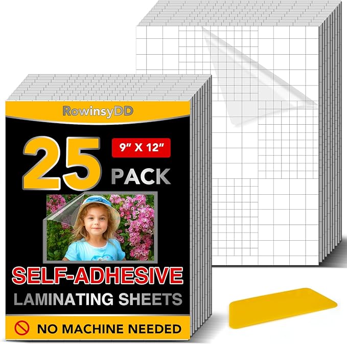 25 Pack Self Adhesive Laminating Sheets, 9 X 12 Inch, Clear Sticker Laminate Sheets Waterproof for Documents, Photos, No Machine Needed Heatless Durable