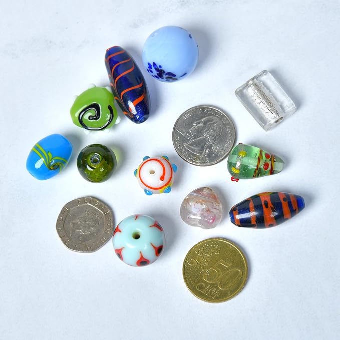 1 LB Bag of Assorted Glass Beads for Jewelry Making, Lampwork Murano Bead Mix for Bracelets and Necklaces, Crafting Beads Supplies Kit, Large & Small Beads (Assorted 200)