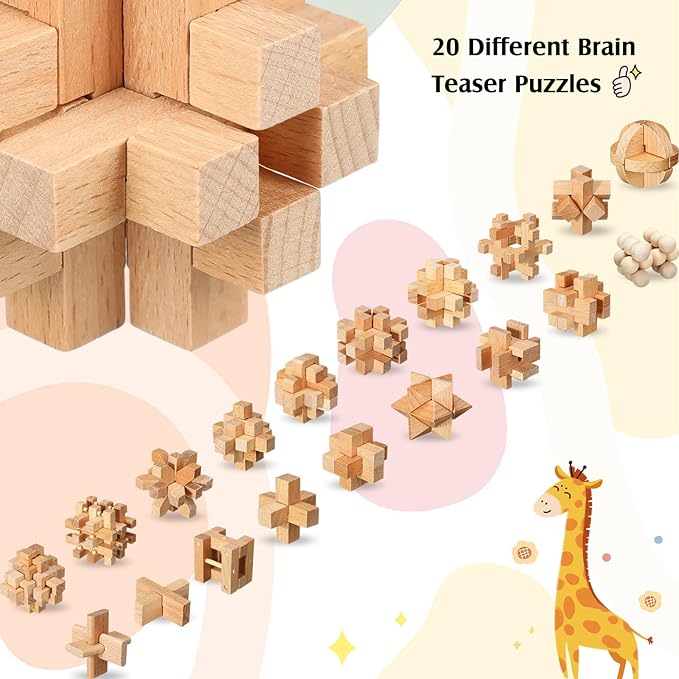 Suzile 20 Pcs Wooden Brain Teaser Puzzles Small 3D Wooden Puzzles Wood Block Puzzle Logic Box Lock Mind IQ Test Removing Assembling for Adults