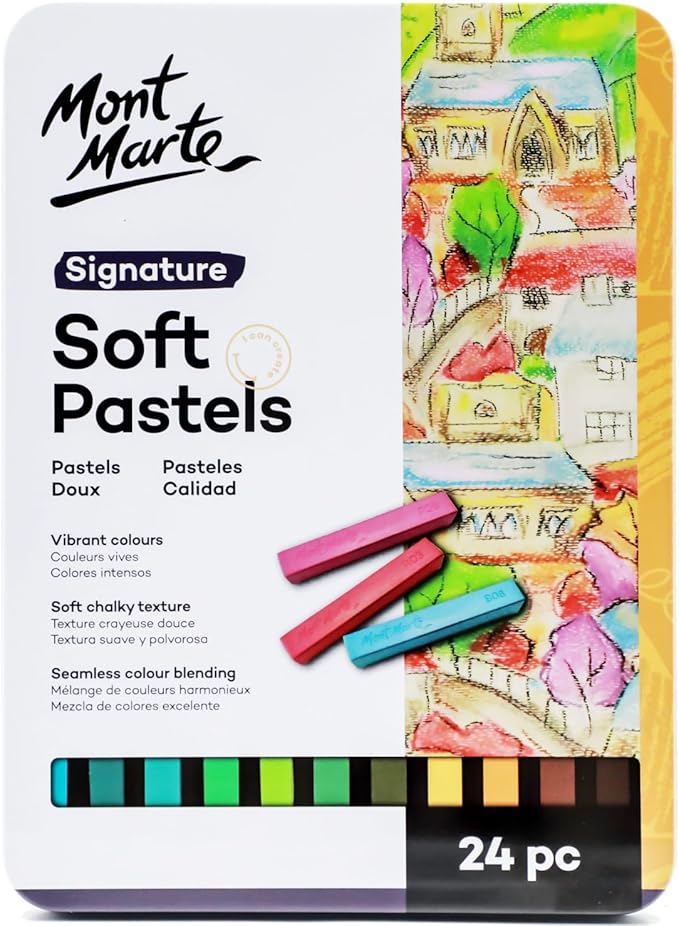 Mont Marte Soft Pastels in Tin Box Signature 24pc, 24 Assorted Colors, Vibrant Pastel Sticks, Great Blending, Comes in Storage Case, Ideal for Art, Craft, Coloring and Sketching