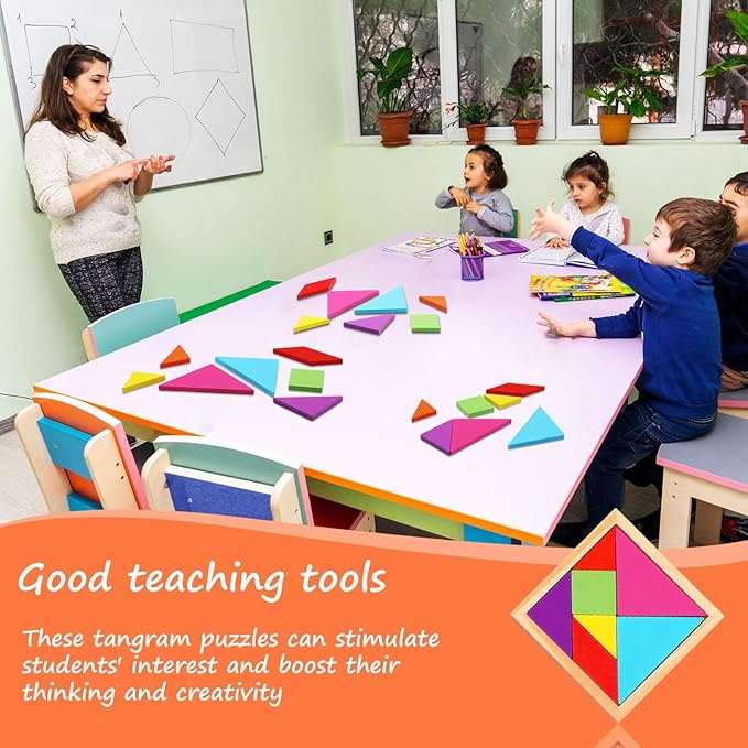 Syhood 24 Pieces Tangrams Puzzles for Students Party Favors Wooden Tangram Pattern Blocks Brain Logic Blocks for Manipulatives Games Educational Gifts and Party Favors(Classic)