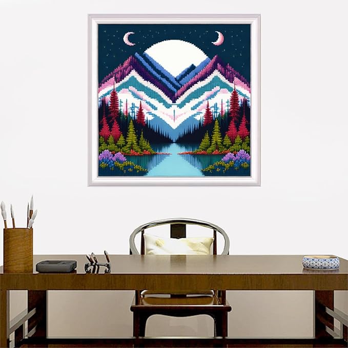 Joyhoor Cross Stitch Kits for Beginners Stamped Cross-Stitch Supplies Needlework preprint Embroidery Kits for Adults DIY Needlepoint Kits Embroidery Patterns 11CT-Moon Scenery 17.7x17.7 inch