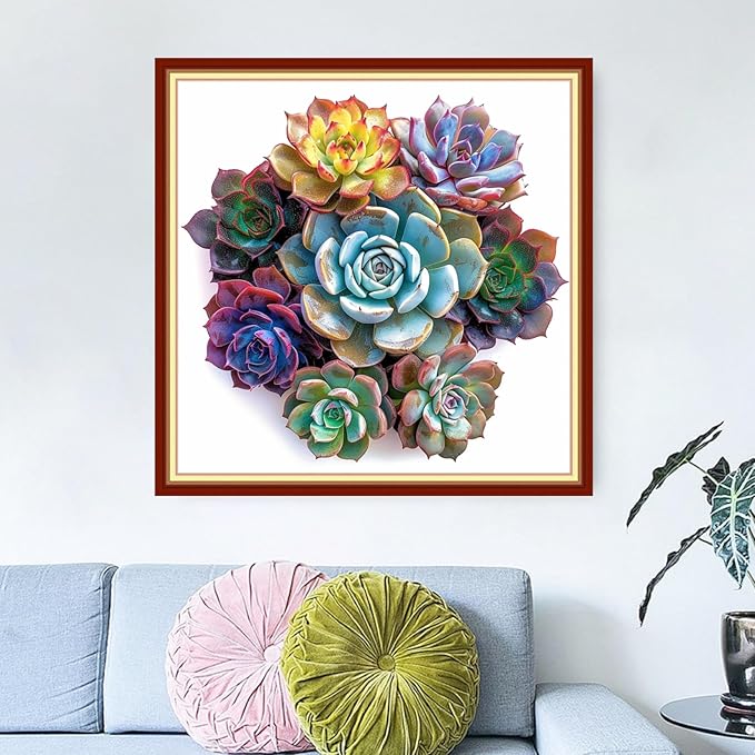 Dimensean Stamped Cross Stitch Kits Full Range of Embroidery Patterns Starter Kits for Beginners Adult or Kids DIY Cross Stitches Needlepoint Kits 11CT-Succulent Plants 18x18 inch