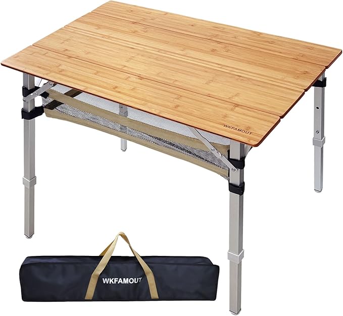 Bamboo Folding Camping Table 4 Folds with Adjustable Aluminum Legs Portable Picnic Table with Storage and Carry Bag for Outdoor Hiking Beach 3-5 Person