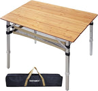 Bamboo Folding Camping Table 4 Folds with Adjustable Aluminum Legs Portable Picnic Table with Storage and Carry Bag for Outdoor Hiking Beach 3-5 Person