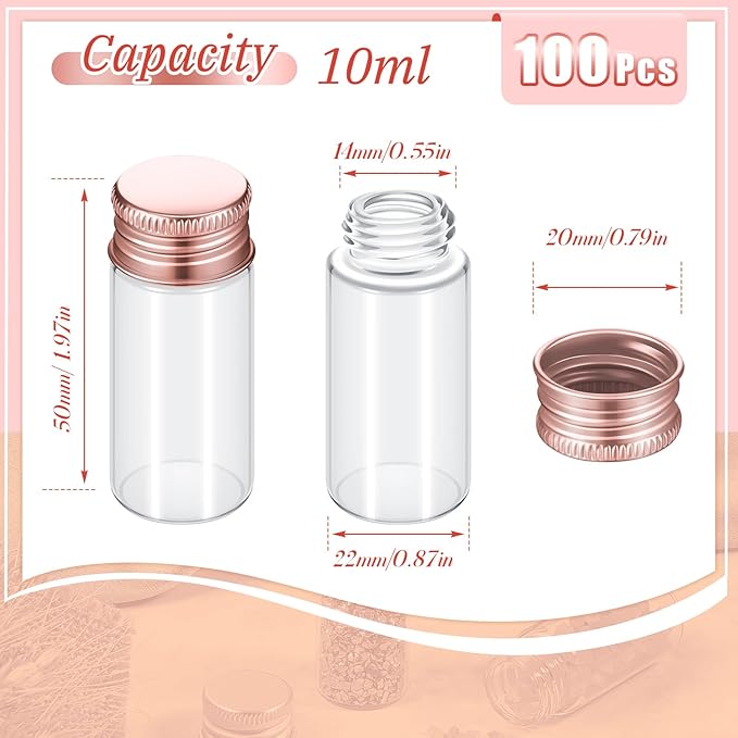 100 Pcs Small Clear Vials Spice Mini Jars with Lids Mini Glass Bottles with Screw Aluminum Metal Caps Tiny Jars Sample Containers for Powder Cream Cosmetic Jewelry Wedding (10 ml,Rose Gold)