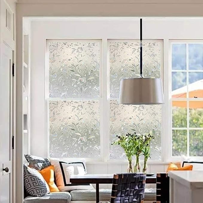 LEMON CLOUD Window Film, Decorative Window Privacy Film, 3D Stained Glass Window Sticker,Anti-UV Sun Blocker Heat Control for Home(Rainbow Tulip Design,23.6 x 111.8 inches)