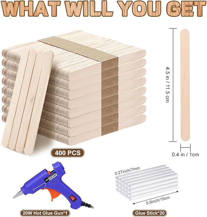 400PCS Wooden Craft Sticks Kits, 4.5 inch Natural Popsicle Wood Sticks with Hot Glue Gun and Sticks for Ice Pops Waxing Hair Removal and Wax Supplies Classroom DIY Paint Craft Project Tongue Depressor