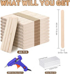 400PCS Wooden Craft Sticks Kits, 4.5 inch Natural Popsicle Wood Sticks with Hot Glue Gun and Sticks for Ice Pops Waxing Hair Removal and Wax Supplies Classroom DIY Paint Craft Project Tongue Depressor