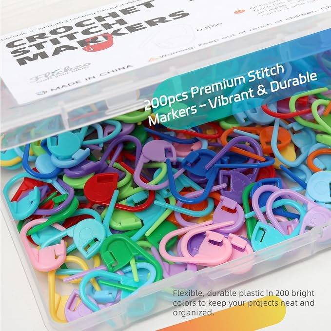 200PCS Crochet Stitch Markers with 12 Needles by Flickzo – Locking Stitch Markers with Clear Case, Colorful Plastic Safety Pins for Knitting & Crochet Accessories Supplies