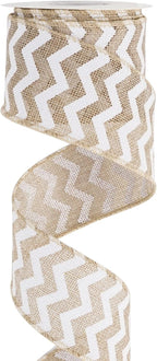 MEEDEE Burlap Ribbon with White Chevron Pattern - 2.5 Inch Wired Ribbon for Cakes, Wreaths, Rustic Decor, Baby Showers, Beach Parties, Farmhouse Gifts - 10 Yards