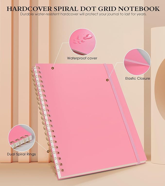 Dotted Notebook, Spiral Notebook Journal 8.5” x 11”, A4 Large Dot Grid Notebooks for Women Men, 100 GSM Dotted Paper, Plastic Hardcover Spiral Bullet Journals for Work School Sketching, Pink