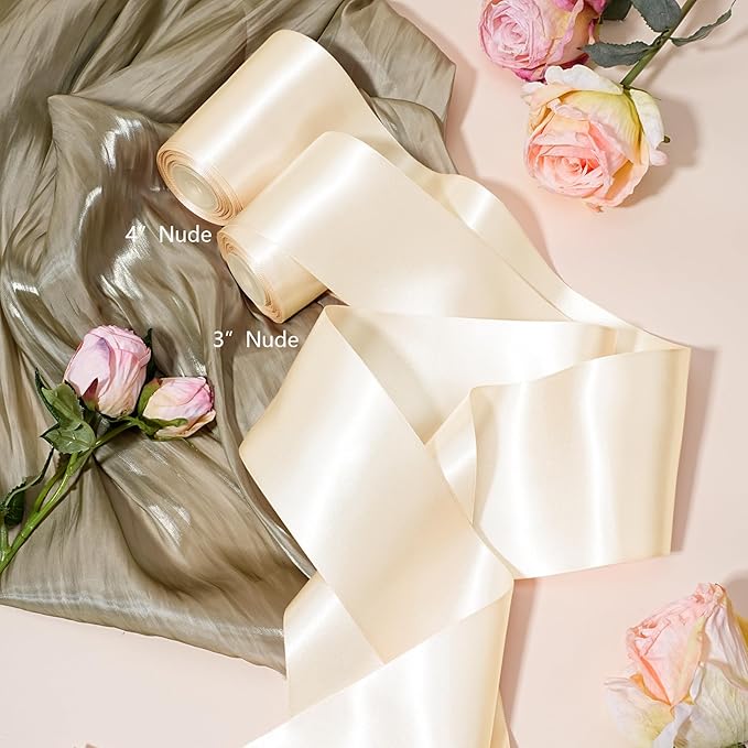 LaRibbons Nude Satin Ribbon 4 Inch 10 Yards Double Faced Luxury Nude Silk Ribbon for Gift Wrapping Flower Bouquets Bow Christmas Wedding Party Decoration