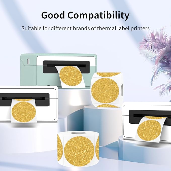 3" Holographic Direct Thermal Label Stickers, Round Printable Rainbow Glitter Thermal Printer Sticker Labels for Gift Wrapping, Self-Adhesive DIY Custom Logo Design- Shiny Gold
