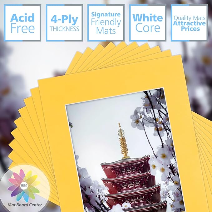 Mat Board Center, Pack of 10, 11x14 for 8x10 Deep Yellow Color Mats - Bevel Cut, Acid Free, 4-ply Thickness, White Core - for Pictures, Photos, Framing