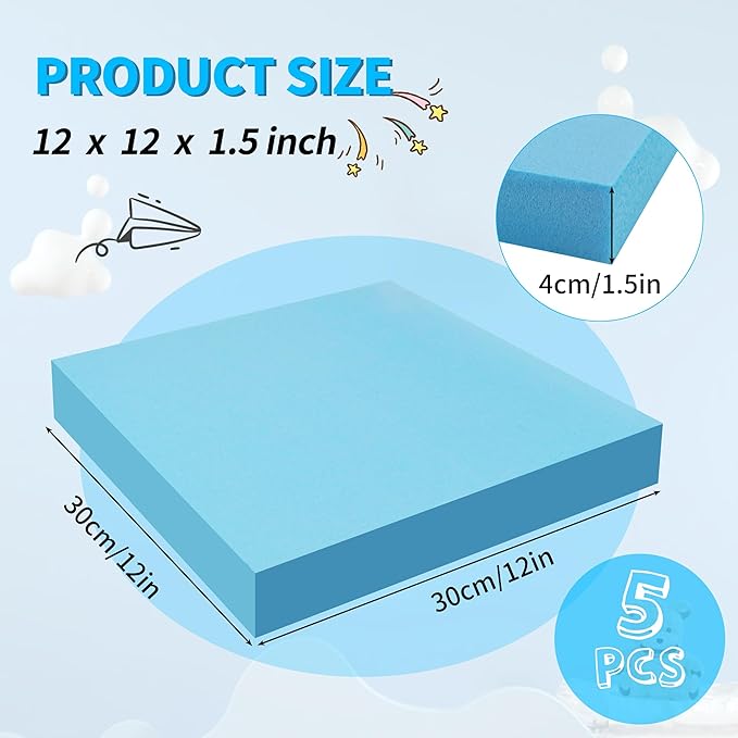 LuckyFoam Blue 5 Pack 12x12x1.5 inch Foam Sheets 1.5 Inch Thick Polystyrene Rectangles XPS Foam Board Craft for Insulating DIY Modeling Art Supplies