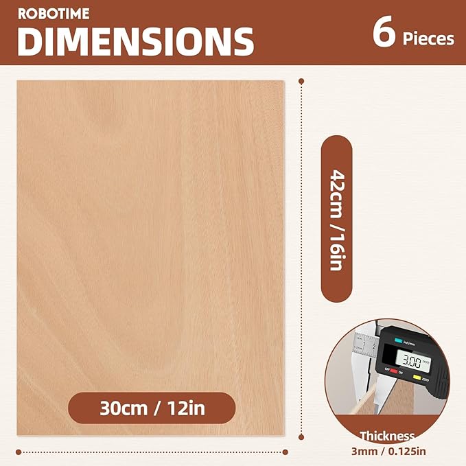 ROBOTIME 6-Pack Laser Wood Sheets 1/8" - 12 x 16 x 1/8 Inch - Mahogany - 3mm Plywood for Laser Cutting, Laser Engraving Blanks