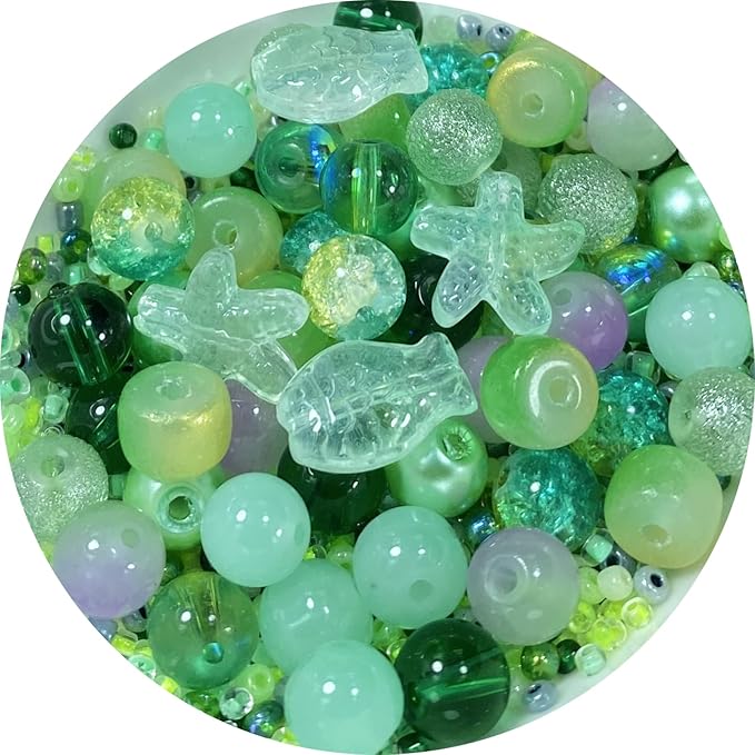Assorted Glass Resin Beads Multi Size Colors Smooth Cracked Gravel Millet Spacer Beads for Bracelets Necklace Earring DIY Jewelry Making Craft(Xizi Green Series)