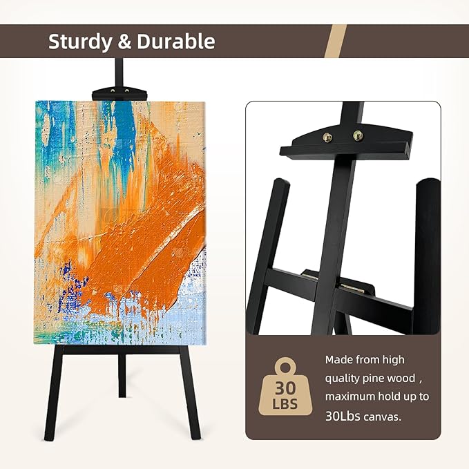 Adjustable Black Wooden Painting Easel, Pine Art Easel Stand Hold up to 43'', Painting Canvas for Wedding Sign and Poster, Drawing for Adults, Begginners and Students, Black