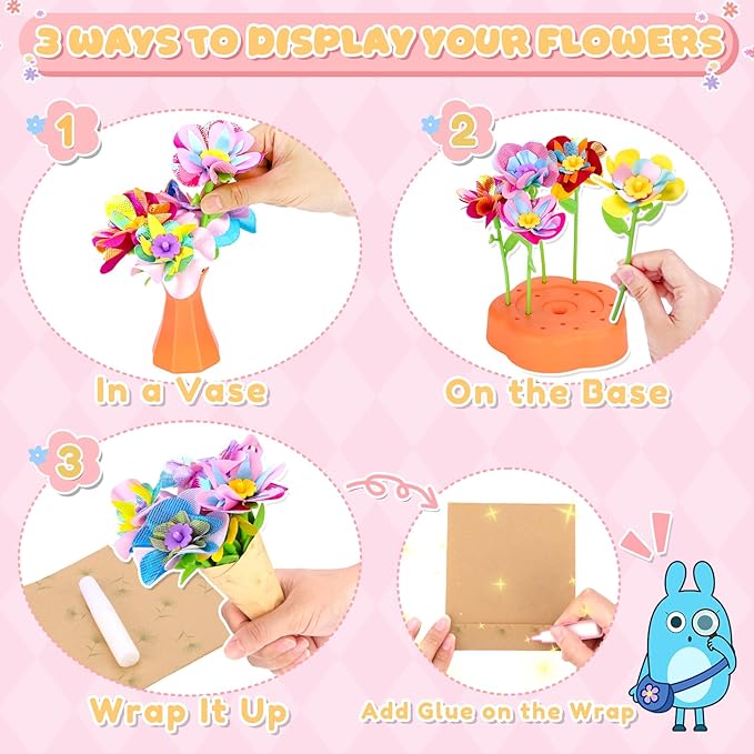 Crelloci DIY Fabric Flower Bouquet Craft Kit - Creative Handmade Floral Arrangement Toy Set, Arts and Crafts Gift for Toddlers Kids Girls & Boys Ages 3+