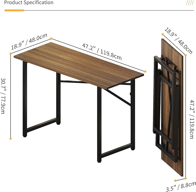 Folding Computer Desk 47 inch Writing Gaming Computer Camping Table, No Assembly Required Home Office Desk, Espresso