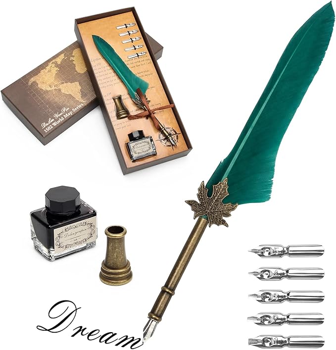 AHIER Quill Pen and Ink Set, Feather Pen Quill Pen Set Includes 5 Steel Replacement Nibs,Pen Nib Base and Dip Ink Bottle for Antique Calligraphy