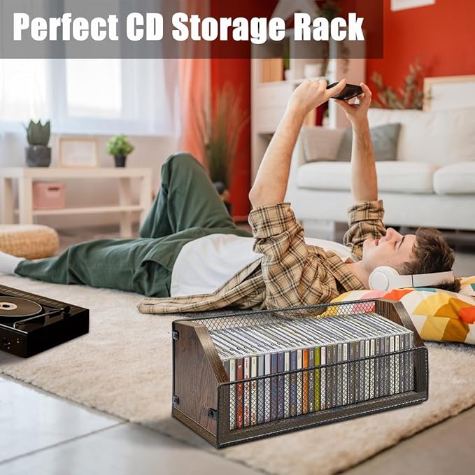 CD Storage Holder CD Case, Wooden CD Organizer Rack, Retro-style CD Rack Shelf Holds Up 32 CDs, Perfect Ideal for Storaging CDs and CD Jewel Cases on Destop or Cassette