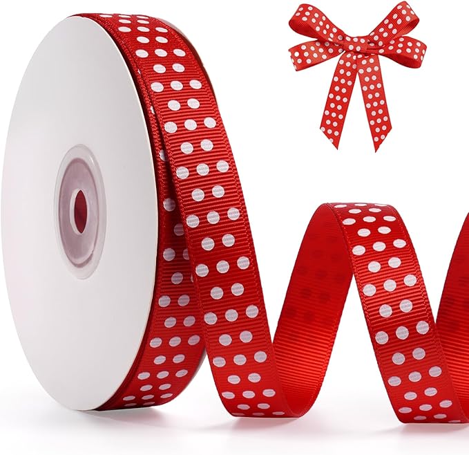 Polka Dot Grosgrain Ribbon 5/8 Inch, 25 Yards Spool Red and White Dot Craft Ribbon for Christmas Gift Wrapping DIY Crafts Hair Bows Sewing Wedding Party Decor and Home Decoration