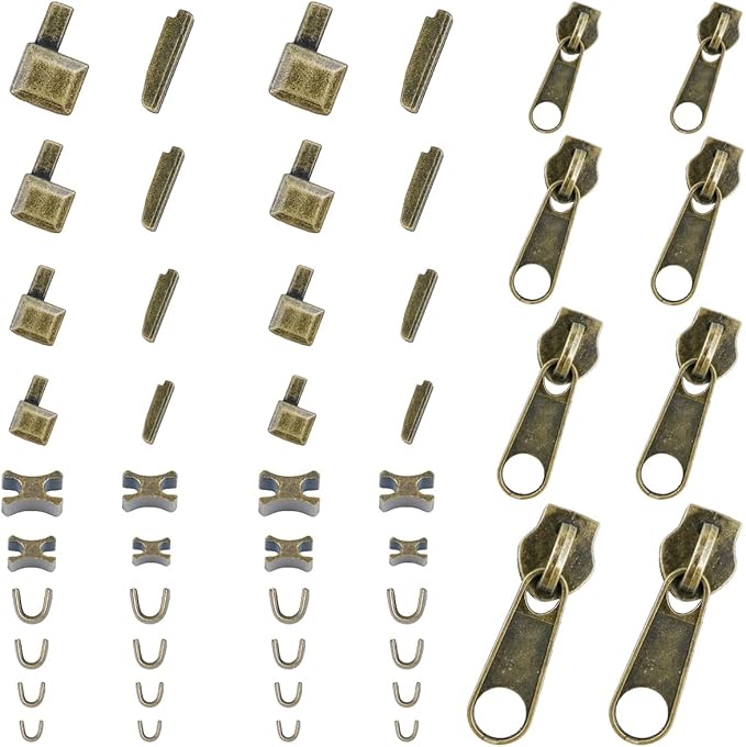 48-Piece Metal Zipper Repair Accessories Set - DIY Sewing Kit with Slider, Retainer, Box Insert, Pin, Top & Bottom Stoppers (Bronze)