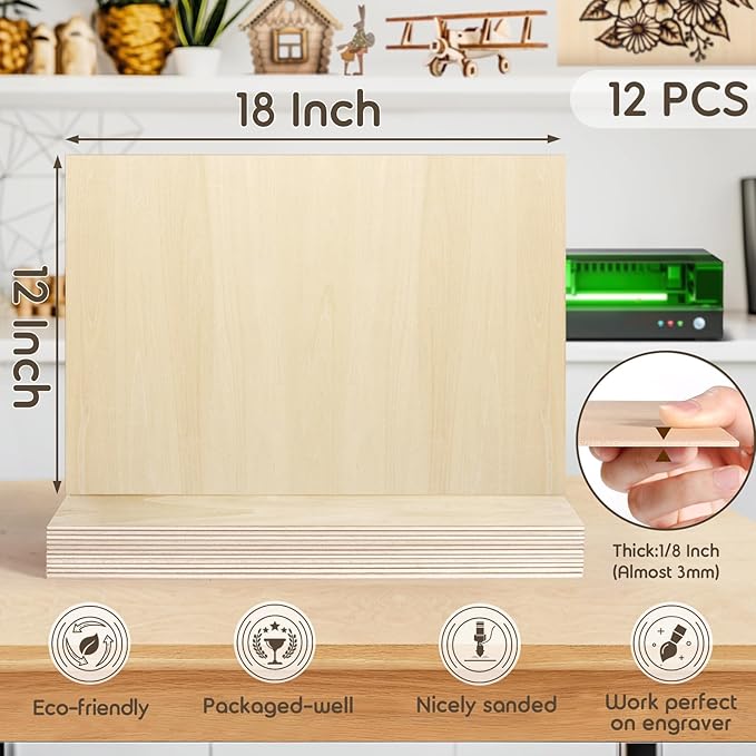12 Pack 12x18x1/8 Inch Basswood Sheets, MAPRIAL Smooth 3mm Plywood for Laser Cutting, Unfinished Wood Board for Engraving, Wood Burning, Painting, Crafts, Ornaments, Models, Cutter, Engraver, Gifts