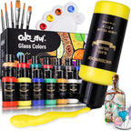 Colorful Stain Glass Paint Set with 6 Brushes, 1 Palette & 1 Sponge, 14 Colors Waterproof Permanent Glass Painting Kit for Arts on Wine Glasses,Bottle and Windows