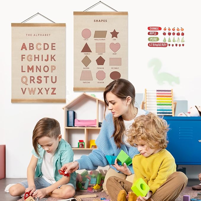 ZTGDA Alphabet Shapes Poster Set of 2, ABC Posters for Toddlers Decor, Shapes Alphabet Learning Poster Hanger Frame Wall Decor for Classroom Nursery Kids Room Playroom Preschool Decor