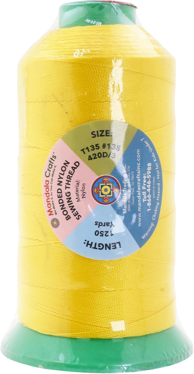 Mandala Crafts Bonded Nylon Thread - Yellow Heavy Duty Sewing Threads - 1250 YDs Size 138 420D T135 Tex 135 for Leather, Jeans, Weaving, Outdoor, Marine, Upholstery