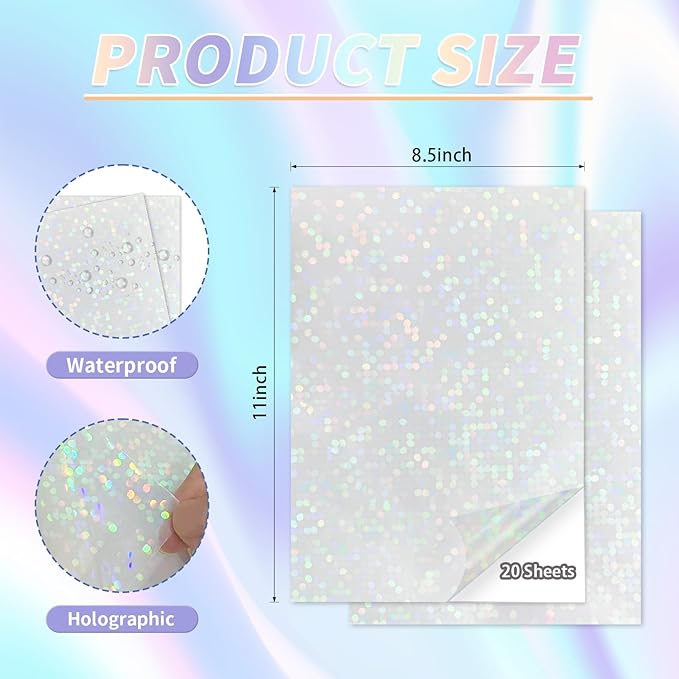 20 Sheets Holographic Sticker Paper,8.5x11 Inch Clear Printable Vinyl Sticker Papers,Self-Adhesive Waterproof for Inkjet/Laser Printer（Clear Dots）