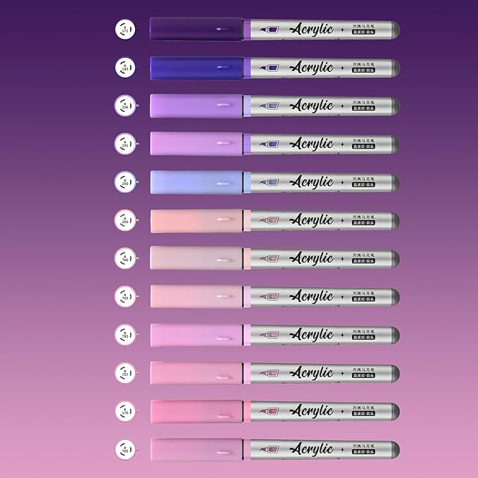 Purple Pink Acrylic Paint Pens,12 Color Paint Pens Markers,Brush Tip Paint Pens for Rock Painting Wood Glass Ceramic Canvas Stone DIY Crafts Making Art Supplies