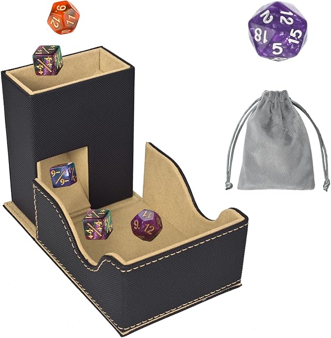 Dice Tower and Tray, Portable Commander Deck Box, Foldable Dice Storage Box for Dungeons and Dragons Rolling Tray Black/Brown