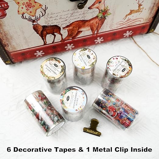 Christmas PET Tape Set - Seamless Loop Design with Snowy Villages, Festive Cats and Holiday Scenes, Includes Decorative Clip, Self-Adhesive Rolls for Scrapbook, Journal and DIY Decor