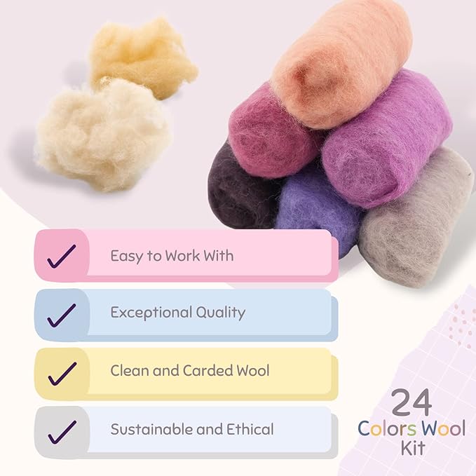 Woolbuddy Felting Wool Kit - 24 Vibrant Merino Wool Colors for Needle Felting, Wet Felting, and Crafts