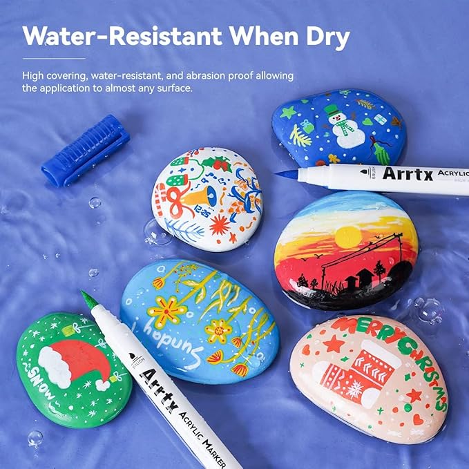 Arrtx Acrylic Paint Pens, 58 Colors for Rock Painting, Extra Brush Tip, Water Based Paint Markers for Stone, Glass, Easter Egg, Wood and Fabric Painting-No Toxic,No Odor-Type 30A+B
