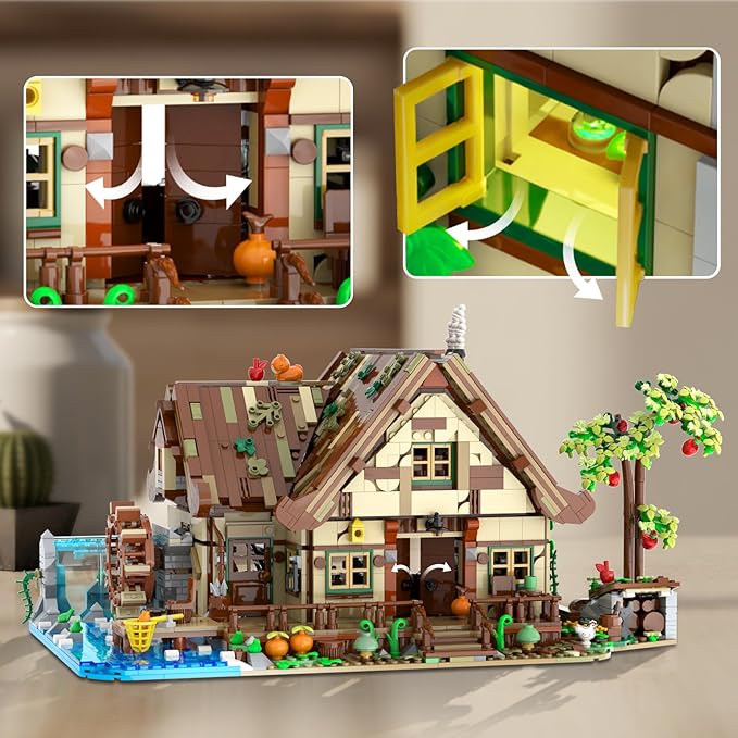 Wood Cabin Building Set with Light, 2570 PCS Wooden Forest House Mini Building Block Toy with Waterwheel Pond Animals, Big House Construction Model for Adults Teens Kids Boys Girls 10-12+