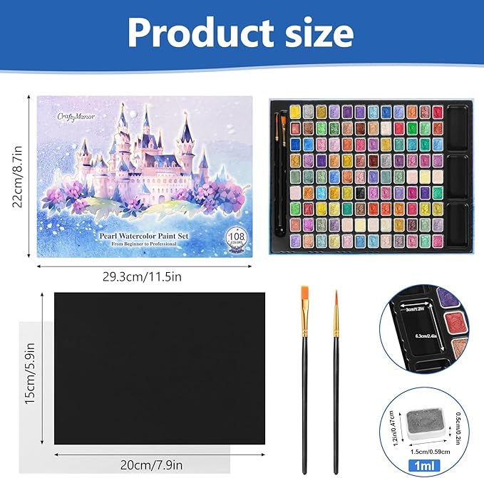 Mini Glitter Watercolor Paint Set with Paper, 108 Colors Shimmer Metallic Watercolour Painting Sets, Solid Pearl Water Color Paints for Adult, Kids, 1ml Trial Package(1ml 108 Colors)