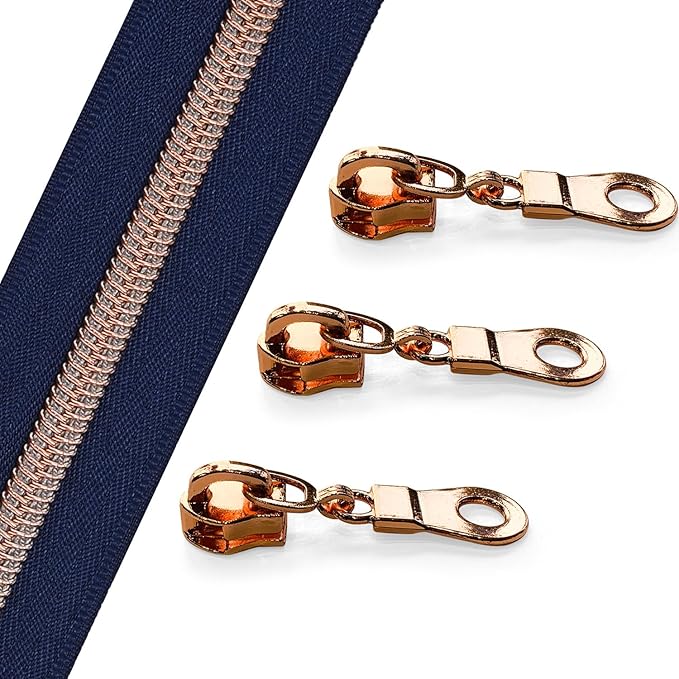 The Yards 10 Yards Bulk Navy Blue Nylon Coil Zipper with Rose Gold Teeth - Replacement Sewing Zipper with 10PCS Sliders for DIY Craft Bags