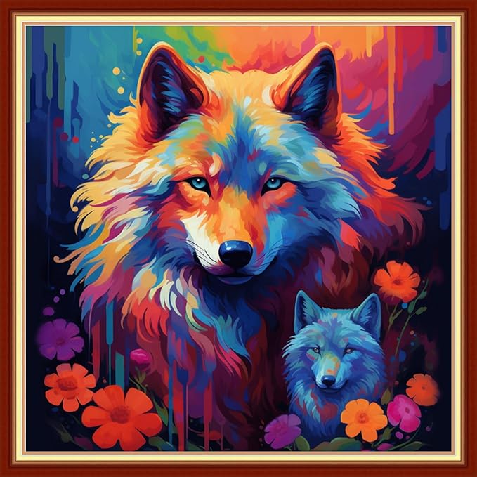 Foxhool Beginners Cross Stitch Kits Stamped Full Range of Embroidery Kits for Adults DIY Cross Stitches kit Embroidery Patterns for Needlepoint kit-Rainbow Wolf 18x18 inch